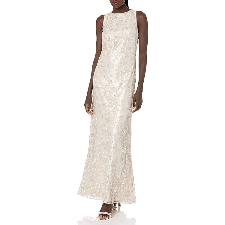 Women's Embellished Plunging Gown Sleeveless Floral Long Dress